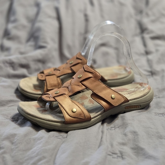 Merrell Women's Adhera Slide II Athletic Sandals Tan Leather sz 10 Outdoors - Picture 1 of 10